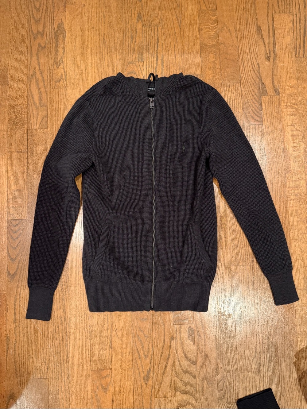 All Saints Black Zip-Up Waffle Knit Hoodie